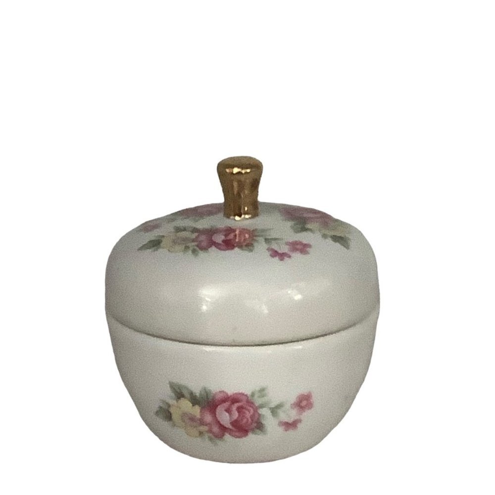 Vtg Porcelain Hand Painted Apple Floral Rose Trinket Keepsake Ring Box Dish